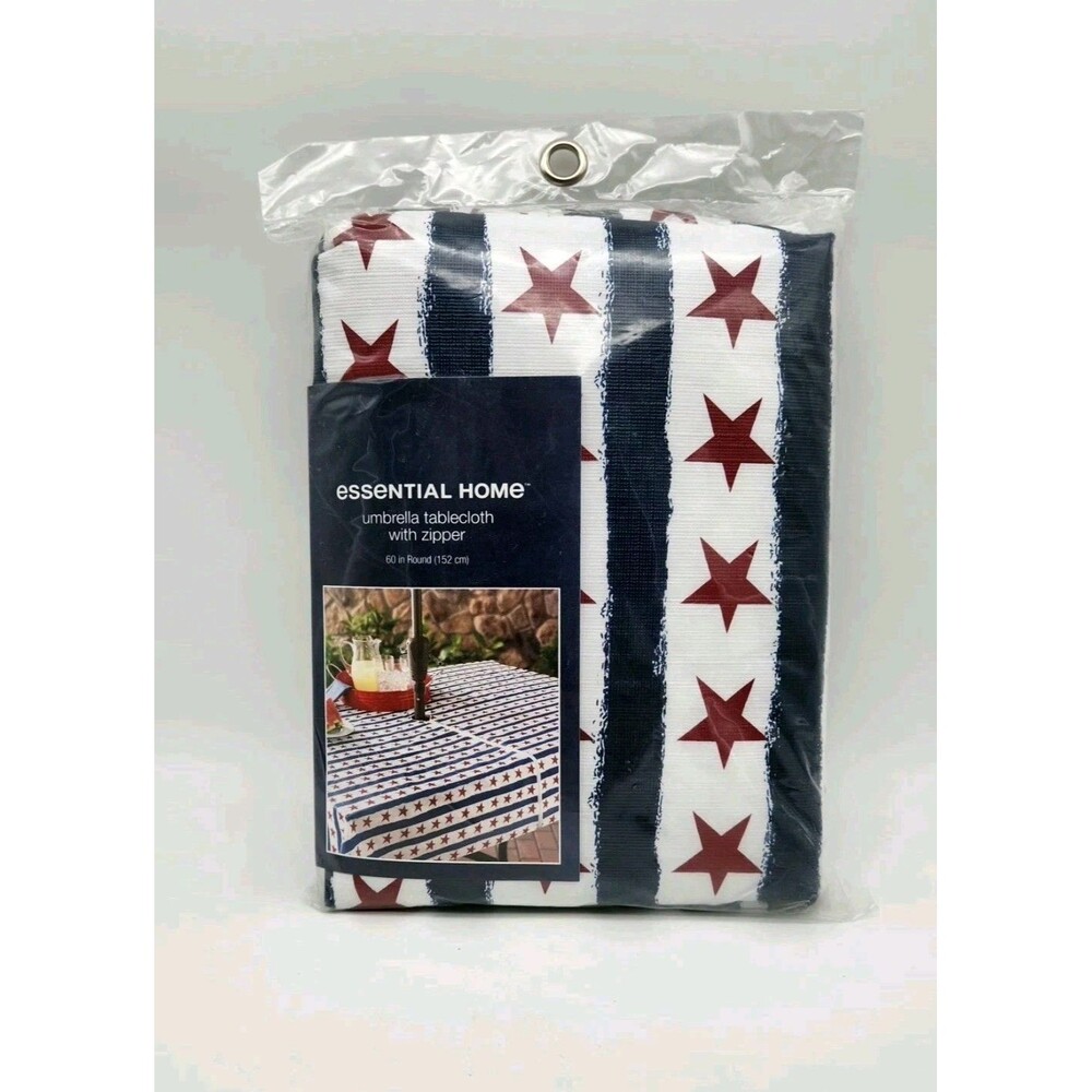 Vntg Essential Home Umbrella Tablecloth With Zipper Stars & Stripes Round NOS.